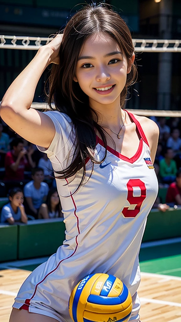 (8K、RAW photos、top quality、masterpiece:1.2)、(realistic、realistic:1.37)、very detailed、Super high resolution、1 girl、see who sees、Really detailed face、smile、constriction、(slim waist) :1.3)、beautiful detailed skin、skin texture、floating hair、professional lighting、whole human body、long hair、blond hair、bob hair、F cup、행복한 smile、、baby face、한 smile、lleyball uniform、sleeveless、bare chested, volleyball match venue、Armpit pose、Sub's pose, huge breasts