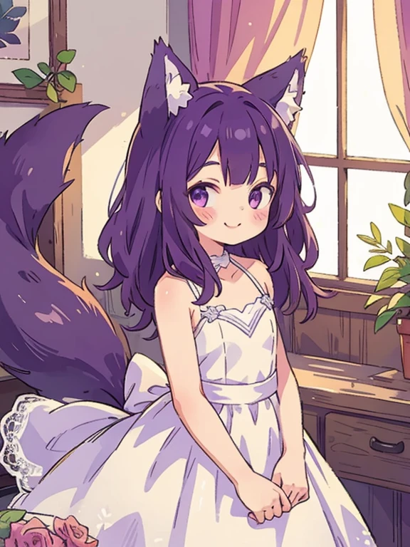 Cute, young, flat chest, , wedding dress, wolf ears, fluffy tail, dark purple hair, dark purple tail, smiling