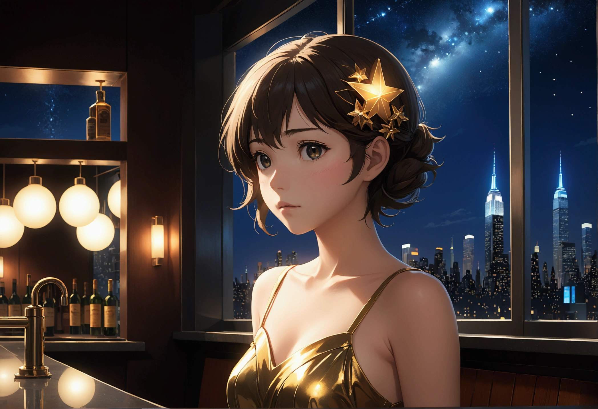 Uses Makoto Shinkai&#39;The depiction is perfect,Portrait of Kanon Matsuda,8k 4k masterpiece photo ,new york,Glass ceiling jazz bar,I can see the twinkling stars through the glass window.,that&#39;Outside in the dark night,Jazz is playing,Profile close-up,Beautiful profile,Calm expression,Look in a different direction,Standing alone at the counter,Gold dress,Large bust