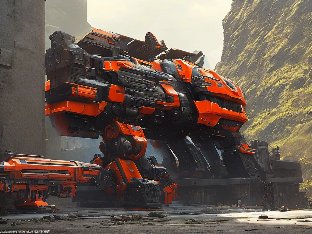 a giant mech, laying prone, aiming its ridiculously huge flat orange niper rifle at some far far away target, highly detailed, intricate machinery, industrial gears and pistons, glowing energy core, dramatic lighting, cinematic perspective, moody atmosphere, photorealistic, 8k, (best quality,4k,8k,highres,masterpiece:1.2),ultra-detailed,(realistic,photorealistic,photo-realistic:1.37),concept art
