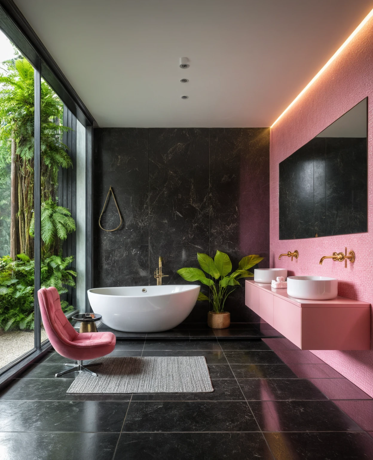 Raw photo,Masterpiece, high quality, best quality, authentic, super detail, interior, bathroom style modern, sunset, day light, window , overlooking tropical garden, ((black and pink tones)), bathtub, faucet, shower, lavatory, glass wall,  bottles, mirror, lavabo, cabinet, wall tiles mosaic, carpet, armchair and table tea,