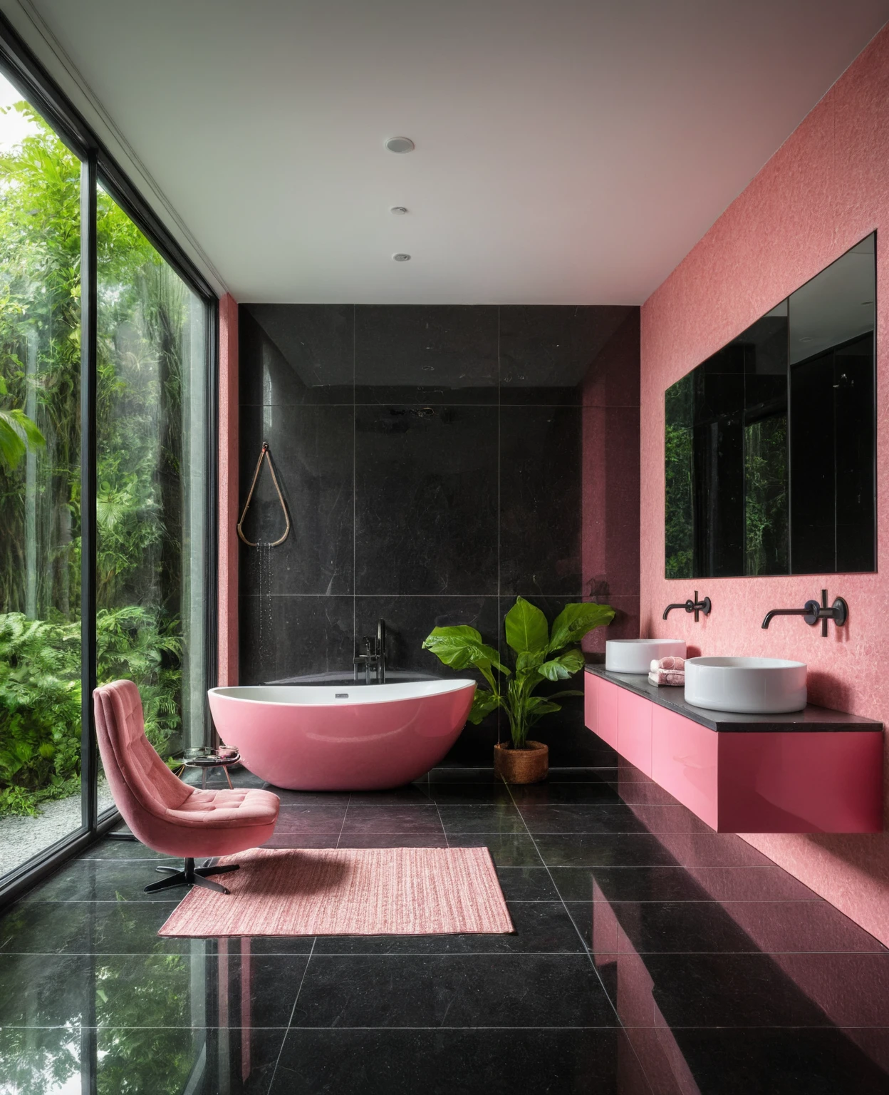 Raw photo,Masterpiece, high quality, best quality, authentic, super detail, interior, bathroom style modern, sunset, day light, window , overlooking tropical garden, ((black and pink tones)), bathtub, faucet, shower, lavatory, glass wall, bottles, mirror, lavabo, cabinet, wall tiles mosaic, carpet, armchair and table tea,