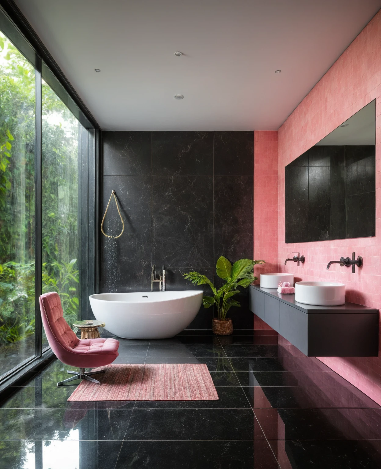 Raw photo,Masterpiece, high quality, best quality, authentic, super detail, interior, bathroom style modern, sunset, day light, window , overlooking tropical garden, ((black and pink tones)), bathtub, faucet, shower, lavatory, glass wall, bottles, mirror, lavabo, cabinet, wall tiles mosaic, carpet, armchair and table tea,