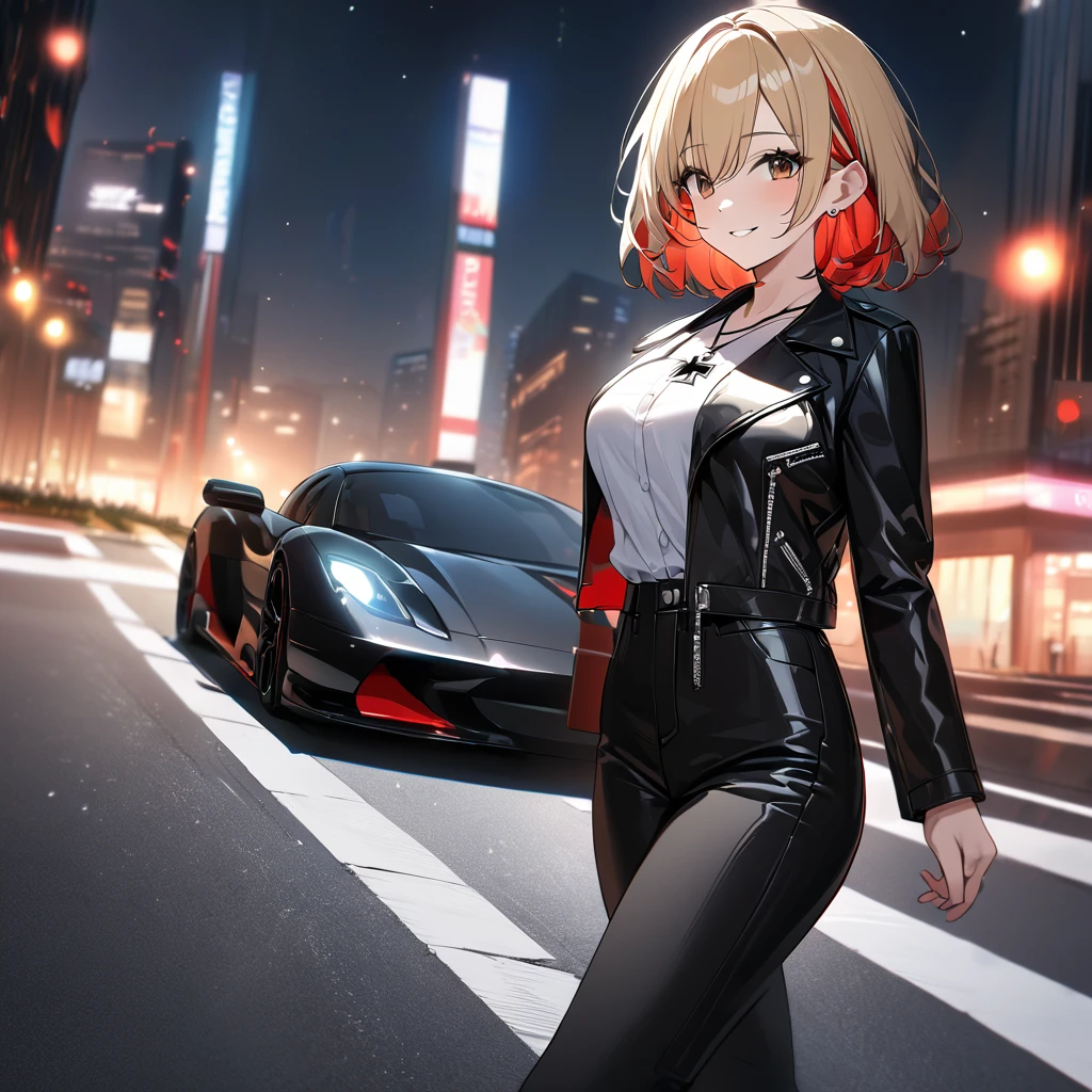 A woman wearing an open black leather jacket, white shirt with iron cross symbol, iron cross necklace on her neck, short hair, blonde hair, red bangs, multicolored hair, brown eyes, smiling, black barrette in her hair, large breasts, black pants, black leather boots, standing, walking on a sidewalk in a big city, modern building in the background, a black luxury car next to it, night place, lighting with colors, orange, blue and red, blurred background ..UHD , prime work , accurate , anatomically correct , textured skin , super details , high quality , best quality, 8k, high resolution, bokeh effect. (woman solo)