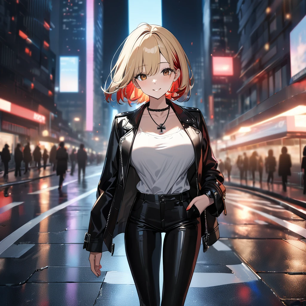 A woman wearing an open black leather jacket, white shirt with iron cross symbol, iron cross necklace on her neck, short hair, blonde hair, red bangs, multicolored hair, brown eyes, smiling, black barrette in her hair, large breasts, black pants, black leather boots, standing, walking on a sidewalk in a big city, modern building in the background, a black luxury car next to it, night place, lighting with colors, orange, blue and red, blurred background ..UHD , prime work , accurate , anatomically correct , textured skin , super details , high quality , best quality, 8k, high resolution, bokeh effect. (woman solo)