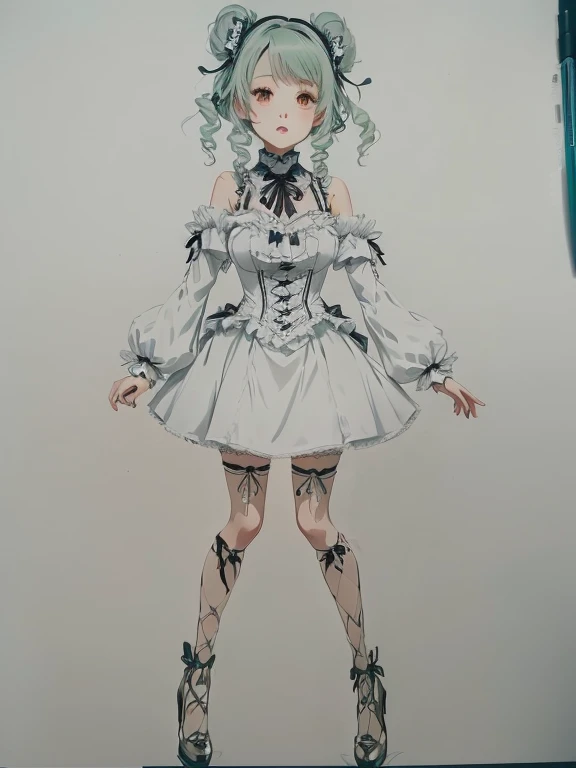 Drawing of a girl in a dress with a ribbon and tie, anime Full body illustration, Full body portrait of a short!, clear Costume Design, Drawing full body characters, Full body with costume, Full body concept, detailed Full body concept, Full body illustration, Anime Drawings, Costume Design, Anime style drawing, Full body painting, !!Full body portrait!!、Color、Her hair color is green.、The color of the clothes is gothic lolita black.、Shoes are red