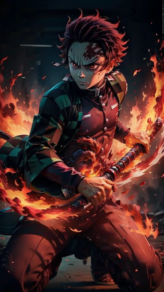 surrounded by fire dragon, angry, bright red eyes, holding a katana ,in attack position, fire with breathing, (Tanjiro), (OriginalOutfit), (ScarScar on forehead Checkered Clothes 1Boy Red Hair)