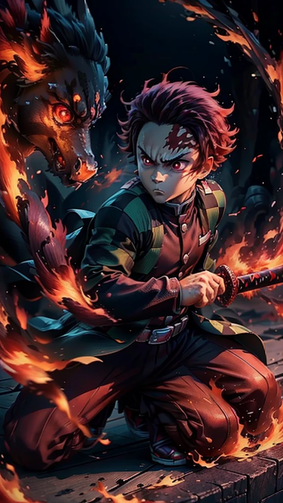 surrounded by fire dragon, angry, bright red eyes, holding a katana ,in attack position, fire with breathing, (Tanjiro), (OriginalOutfit), (ScarScar on forehead Checkered Clothes 1Boy Red Hair)