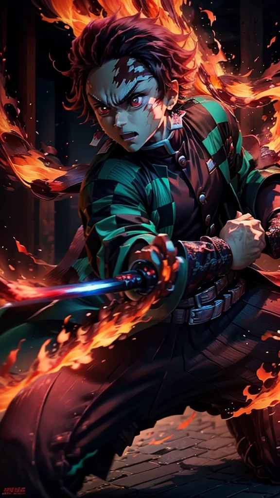 surrounded by fire dragon, angry, bright red eyes, holding a katana ,in attack position, fire with breathing, (Tanjiro), (OriginalOutfit), (ScarScar on forehead Checkered Clothes 1Boy Red Hair)