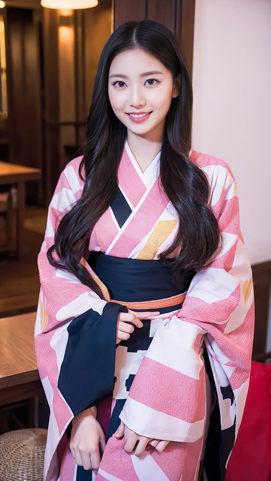 masterpiece, (Realistic:1.5), Realistic eyes, Asian woman, Highest quality, Beautiful lighting, Professional Lighting, Photon Mapping, Radio City, Physically Based Rendering,, kamado nezuko, One girl, Black Hair, amount, hair ribbon, kimono, kimono, Long Hair, Multicolored Hair, Open your mouth, Pink Eyes, pink kimono, pink ribbon, ribbon, smile, very Long Hair, null, ((Old age)),, (RAW Photos, 8K Ultra HD, Film Grain)