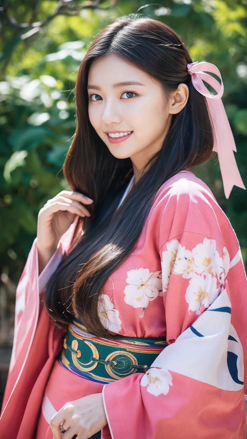 masterpiece, (Realistic:1.5), Realistic eyes, Asian woman, Highest quality, Beautiful lighting, Professional Lighting, Photon Mapping, Radio City, Physically Based Rendering,, kamado nezuko, One girl, Black Hair, amount, hair ribbon, kimono, kimono, Long Hair, Multicolored Hair, Open your mouth, Pink Eyes, pink kimono, pink ribbon, ribbon, smile, very Long Hair, null, ((Old age)),, (RAW Photos, 8K Ultra HD, Film Grain)