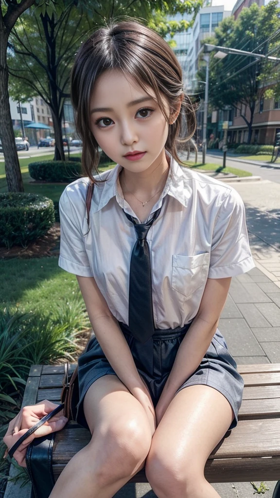 ((Beautiful woman sitting cross-legged on a park bench:1.2, trouble)), (Beautiful small face, :1.3), tie, Office lady suit, Short Hair, Slender body line, Small and slender figure, ((You can see her slim and attractive thighs)), (Detailed eyes and face, Professional photography techniques), (Highest quality, 8K, masterpiece:1.2, RAW Photos)