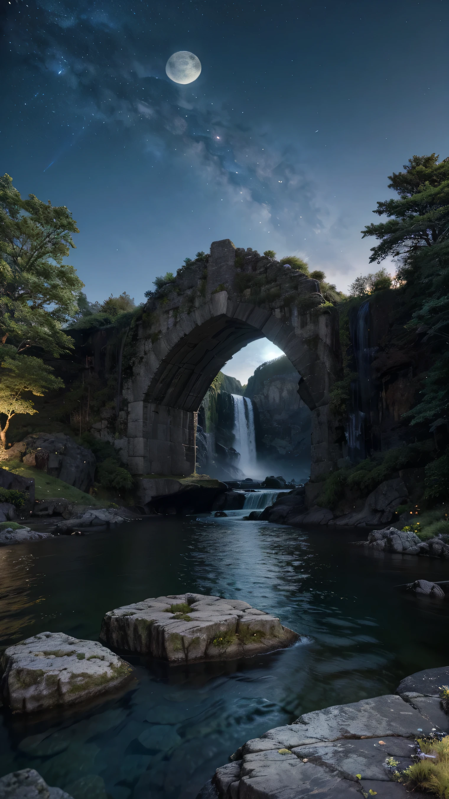 dark,Night view, Highest quality,Aké, arch, corner, rockerie, wood, water flowing, landscape, Outdoor, waterfall, Pasture, rock, stream, moon, Night Sky, hot spring, vapor, Great composition, darkness, moonlight, High-resolution details, masterpiece, Highest quality, (High-definition CG integrated 8K wallpaper), (Highest quality)