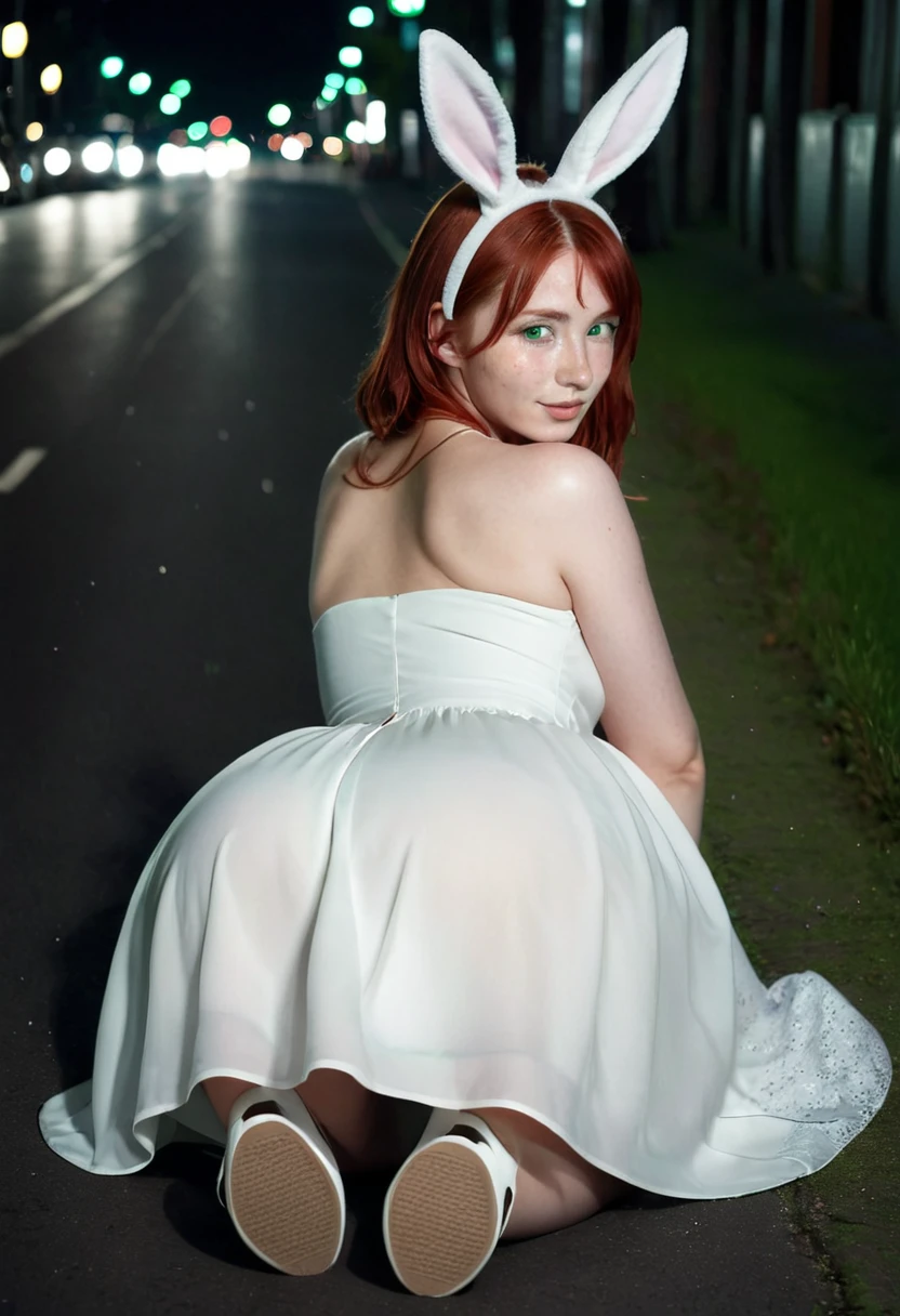 high quality instagram photo, full body of a Scandinavian girl, 20 years old, red hair, sexy, green eyes, freckles, cute face, (large breasts), big ass in a sexy white dress, detailed bunny ears, night street, laying down from behind