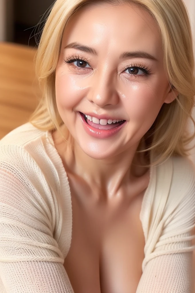 Amazing beauty、(Wrinkles around the eyes:1.3)、Blonde、Japanese、drooping eyes,Sweaty、Heavy sweating、Mature attractive woman、Chubby、Thick lips、Glossy Lips、Saggy breasts、Knitted sweater with a tight fit、(Laughter:1.3)、Full body photo、Sit with your legs apart、has a navel、Camel Toe