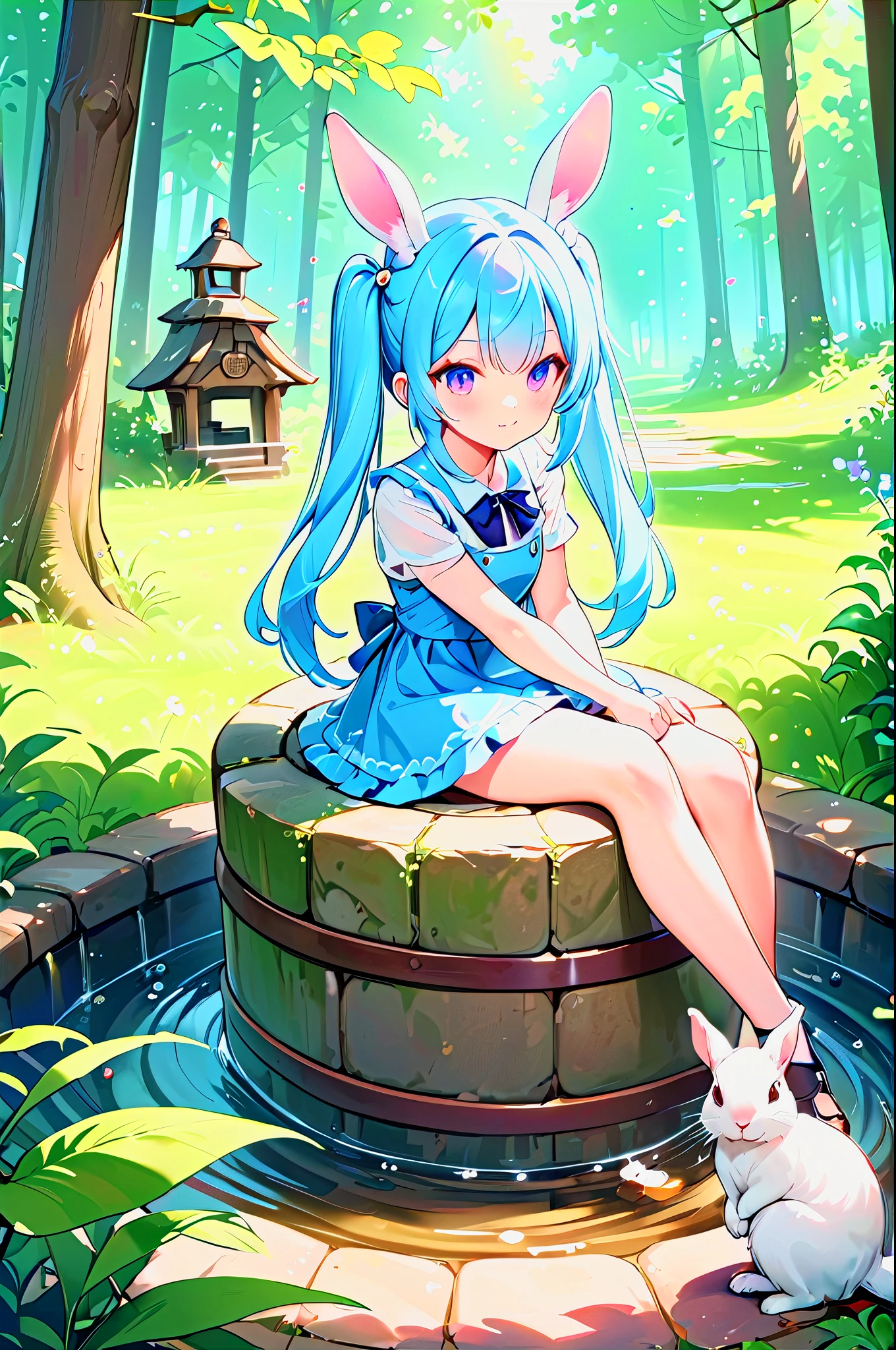 An old well in the forest, a beautiful girl with long light blue hair and twin tails, and rabbits and squirrels around the well.