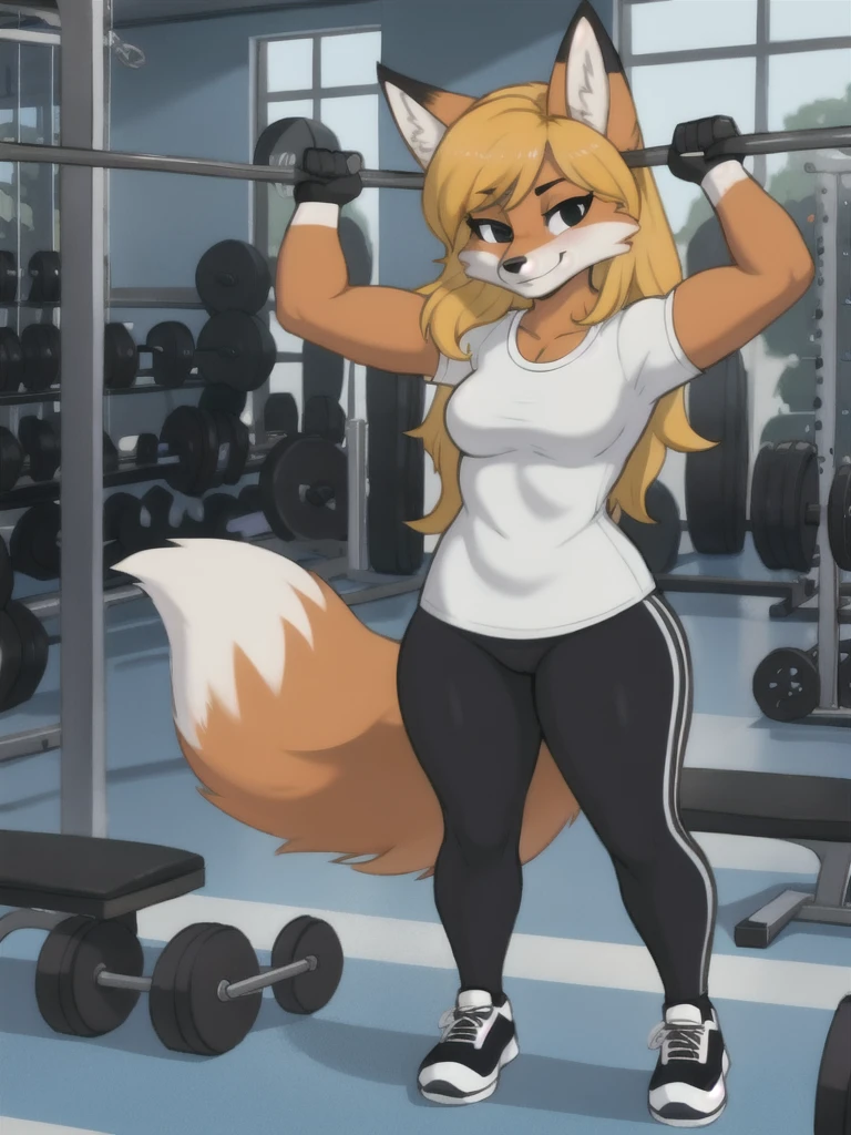 Furry, fox, female, white shirt, black leggings, shoes, gym, teen, full body
