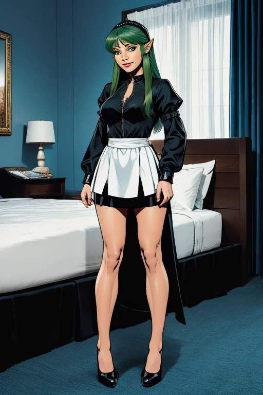 (Full-body image:1.5), (Princess Zelda, standing, standing alone:1.2) ,(breasts big:1.5), (she is wearing black maid outfit with very short white skirt/extremely tight clothing on your body:1.3), (she is inside a hotel room in front of a bed:1.3), She has large (blue colored eyes, dark green mohawk hair:1.2), (she is smiling, gazing at viewer. exhibitionist pose:1.2), anime styling, 16K, best qualityer, High details, texturized skin, ultra HD, work of art, anatomically correcte