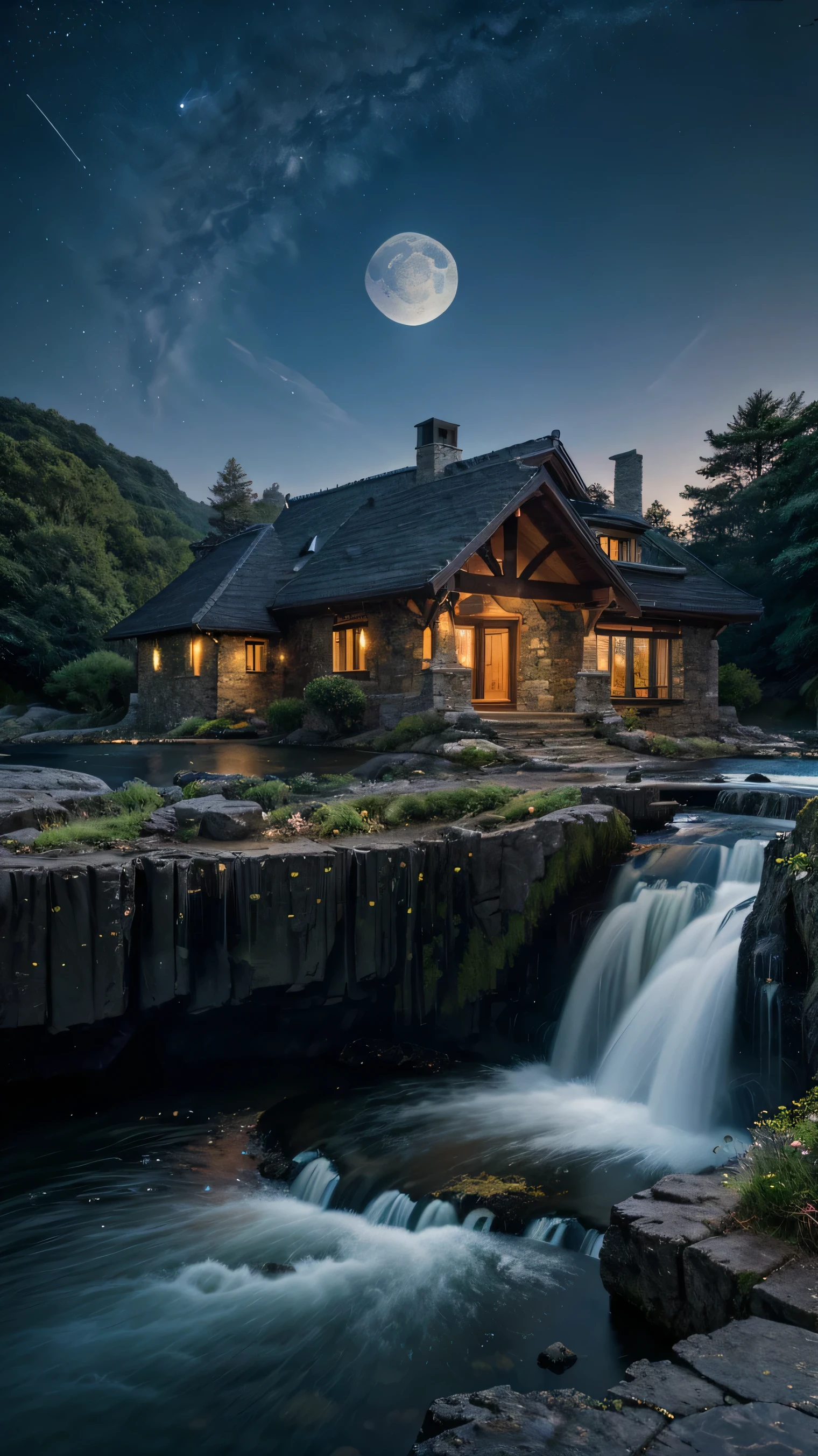 dark,Night view, Highest quality,Aké, arch, corner, rockerie, wood, water flowing, landscape, Outdoor, waterfall, Pasture, rock, stream, moon, Night Sky, hot spring, vapor, Great composition, darkness, moonlight, High-resolution details, masterpiece, Highest quality, (High-definition CG integrated 8K wallpaper), (Highest quality)