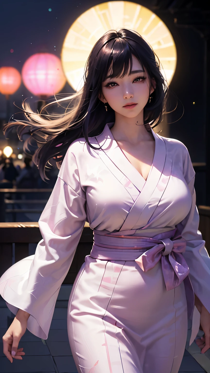 (logo、masterpiece、8K、Tabletop、RAW Photos、wonderful、最high quality、フォトリアリスティックでVery detailedな CG 複合 8K 壁紙、high quality、Very detailed、Narrative poem、Particle Effects、Dynamic Effects、Depth of the Boundary、Cinematic Light、Lens flare、Ray Tracing)、 (One beautiful woman wearing a yukata、White yukata、Light purple pattern)、Black-haired、High definition skin、Very fine、Fine skin texture、Beautiful Face、True Face、Beautiful details in the eyes、Realistic eyes、Beautifully detailed eyes、Realistic Skin、Beautiful Skin、Surreal、Smiling Eyes、Hair and light eyes、vivid、Colorful lights and bokeh、plump lower lip、Pink Lips、Hair flutters in Wind、Hair bounces、wonderful景色、night、evening、Wind、moonlight、moonlight、light