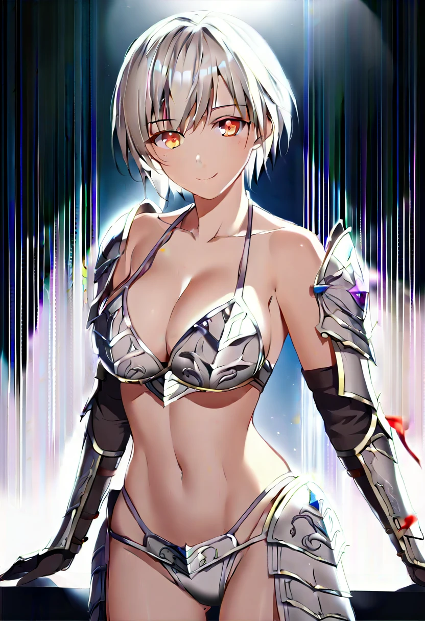(( (masterpiece)，（Highly Detailed CG Unity 8K Wallpaper），Highest quality，Cinema Lighting，Detailed Background，Beautiful and fine details，Bright Eyes，（Very elegant and beautiful），（Beautifully detailed eye depiction），Super detailed，masterpiece，High resolution)), curly, ((Wearing a super sexy bikini armor:1.4)), Platinum Bikini Armor, Richly decorated armor, Beautiful Female Warrior, short hair, Platinum Blonde Hair, Cleavage, ((Dragon Wing))、smile