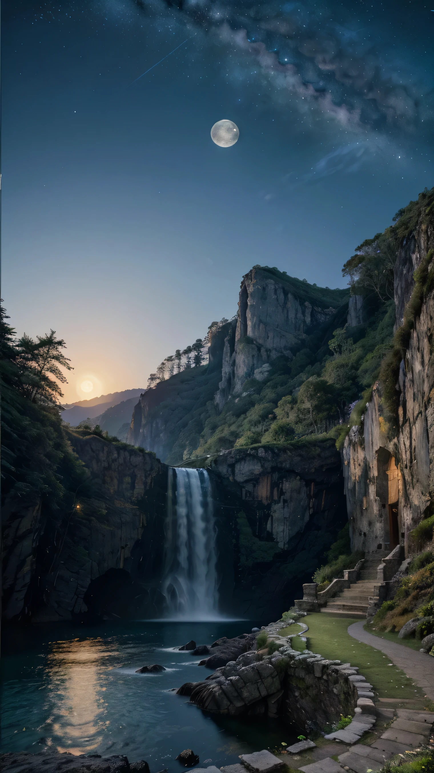 dark,Night view, Highest quality,Aké, arch, corner, rockerie, wood, water flowing, landscape, Outdoor, waterfall, Pasture, rock, stream, moon, Night Sky, hot spring, vapor, Great composition, darkness, moonlight, High-resolution details, masterpiece, Highest quality, (High-definition CG integrated 8K wallpaper), (Highest quality)