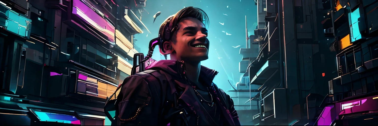 Create a banner with a cyberpunk design that shows the face of a age man smiling and looking up to the sky with a hopeful face., like looking at God. May there be many butterflies flying in the distance