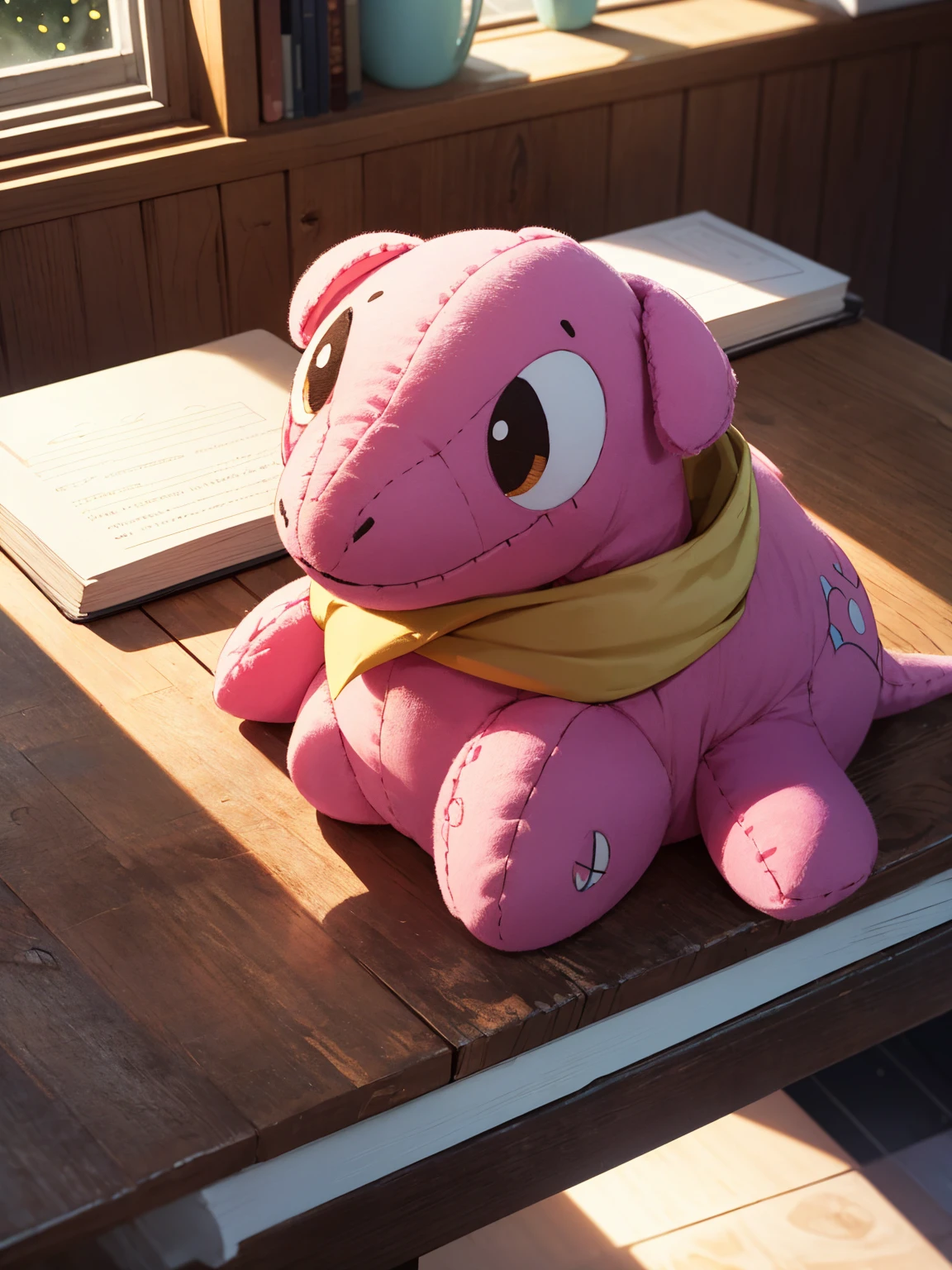 A highly detailed, intricately sketched, pink dinosaur plushie, with small black eyes, sitting on a table, bathed in warm sunlight with light particles, captured from a high angle shot