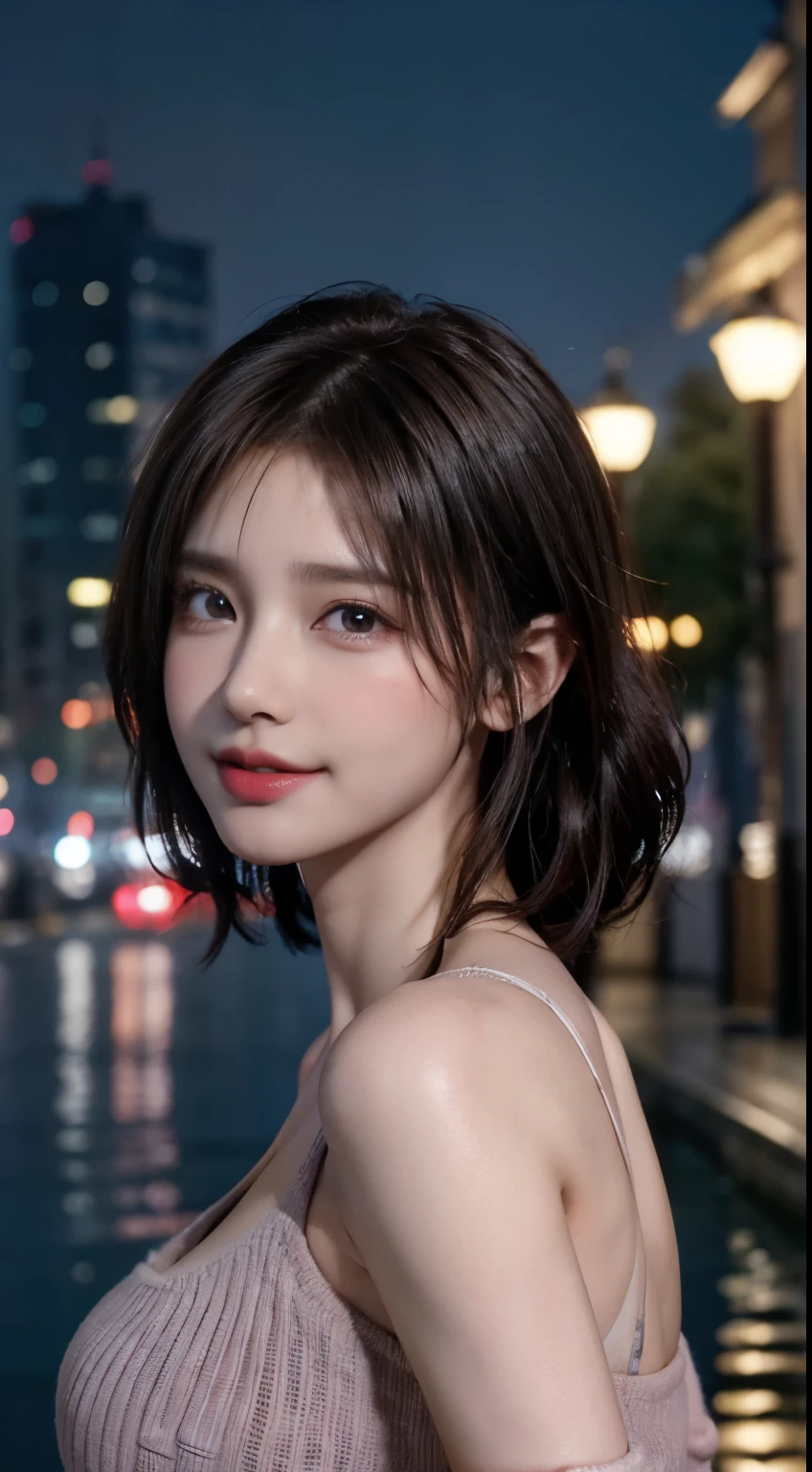 (logo, masterpiece, 8K, Tabletop, RAW Photos, wonderful, 最high quality, Photorealistic and very detailed CG composite 8k wallpaper, high quality, Very detailed, Narrative poem, Particle Effects, Dynamic Effects, Depth of the Boundary, Cinematic Light, Lens flare, Ray Tracing), short hair beautiful young woman, Hair tied back, high detail skin, very fine, fine skin texture, beautiful face, realistic eyes, beautifully detailed eyes, realistic skin, beautiful skin, surreal, smiling eyes, Hair and light eyes, Vibrant, Colorful lights and bokeh. The lighting casts a warm glow on her face and hair, Blue glow, Water surface reflection, Creates a dreamy and magical atmosphere, Big Breasts, Brown Hair, short hair, plump lower lip, pink blush on the cheeks , pink lips, brown tight no-shoulder knit sweater