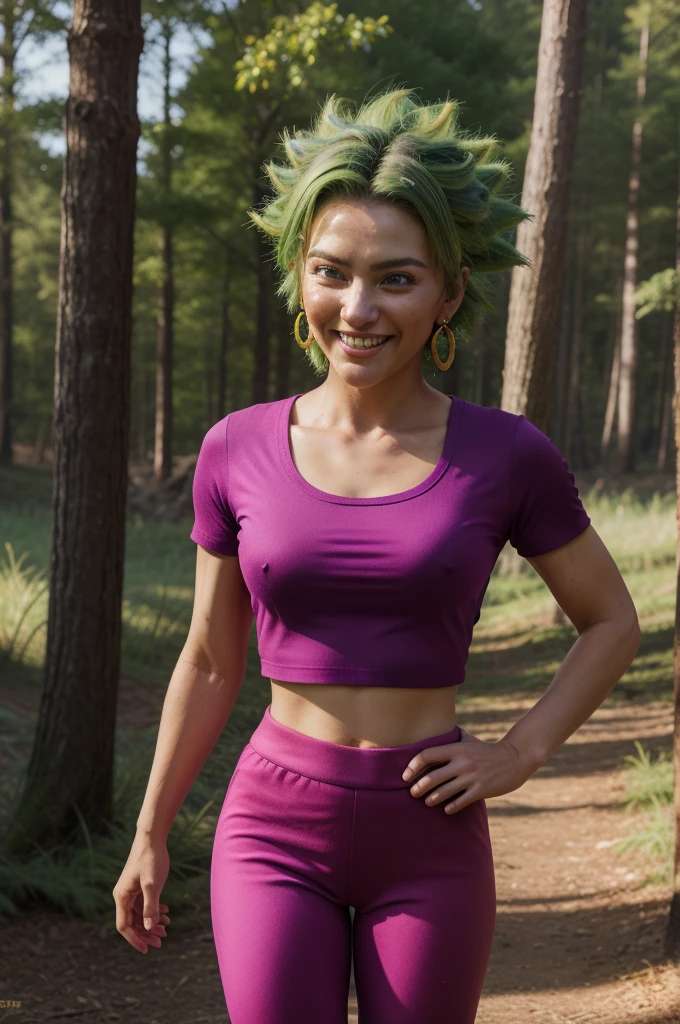 keflassj, 1girl, solo, aqua eyes, green hair, spiked hair, super saiyan, super saiyan 1, green earrings,
midriff, pink top, short sleeves, crop top, short sleeves, purple pants, gold vambraces, skin tight,
smile,closed mouth,cowboy shot,
forest,outdoor,
(insanely detailed, beautiful detailed face, masterpiece, best quality) cinematic lighting,(((full body)))