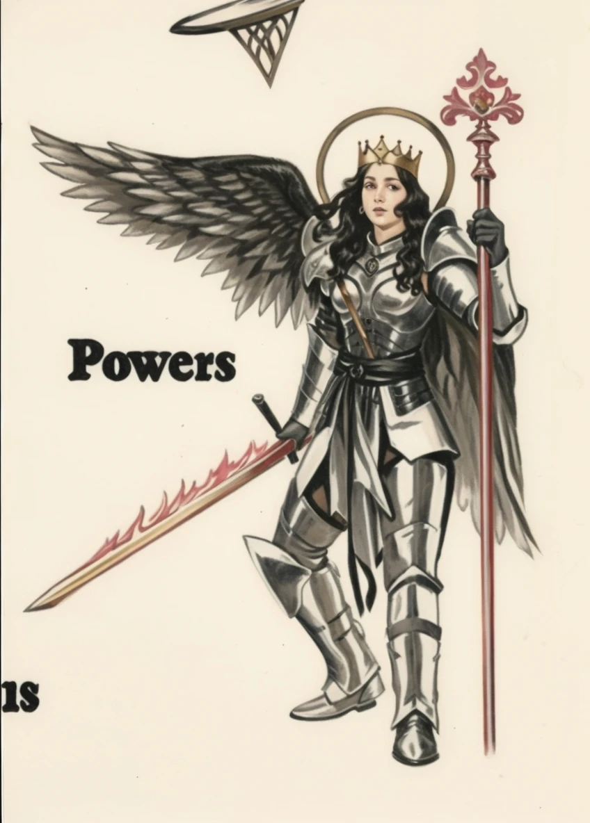 (black female
) (straight and long hair) (with eyebrow-length bangs) (violet eye) (with a golden armor) (a flaming sword in his right hand and one with a staff in his left) (a crown on the head) (white wings)