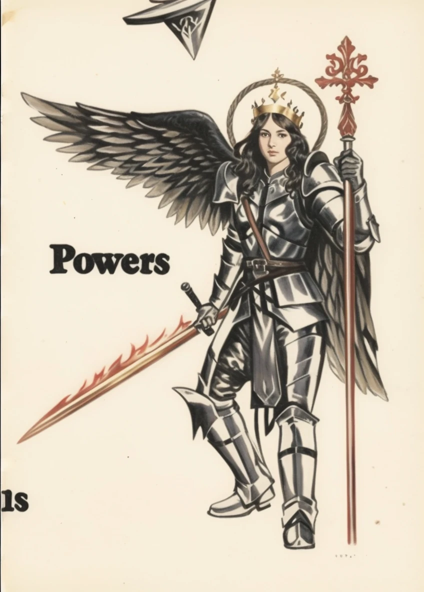 (black female
) (straight and long hair) (with eyebrow-length bangs) (violet eye) (with a golden armor) (a flaming sword in his right hand and one with a staff in his left) (a crown on the head) (white wings)