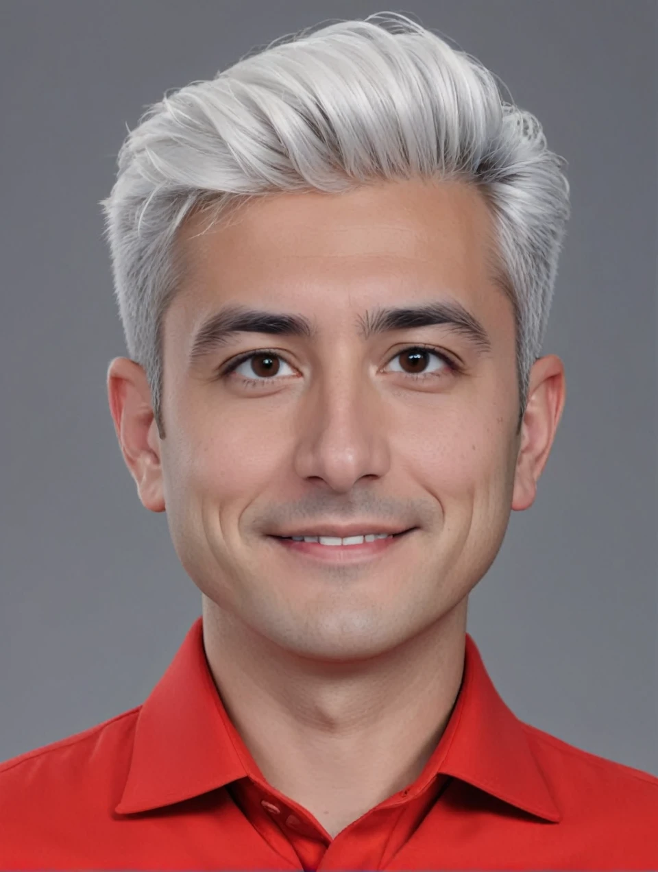 3d cartoon style, 30 years old man, short gray hair, almost bald, in a dark blue suit and light blue shirt, no tie, smiling at the camera, foto perfil, commercial shot., face is brightly lit