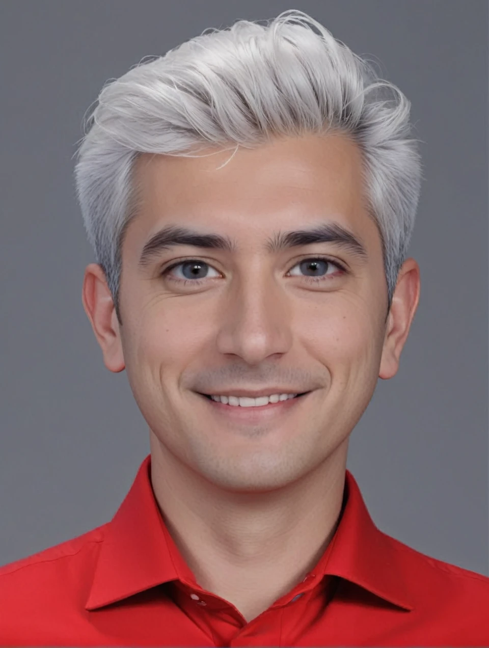 3d cartoon style, 30 years old man, short gray hair, almost bald, in a dark blue suit and light blue shirt, no tie, smiling at the camera, foto perfil, commercial shot., face is brightly lit