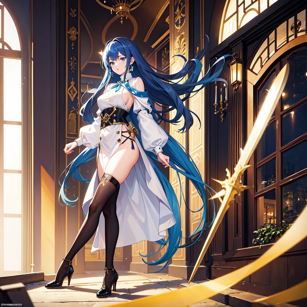 (masterpiece, Highest quality:1.2), One girl, alone, 20-year-old, Long sword, Long Hair, Blue Hair,Blue Eyes, Completely naked, Waist belt,High heels, Black knee-high socks,Elbow hand pockets, whole body,Ancient City,