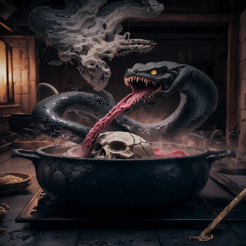 there is a snake sticking out of a pot with a skull in it, by Adam Marczyński, mix of venom and cthulhu, cup of death, as chefs inside cthulhu, portrait shot, alchemical still made from clay, boiling imagination in a bowl, hyper realistic fantasy monster, with the head of a snake, casting a spell on a potion