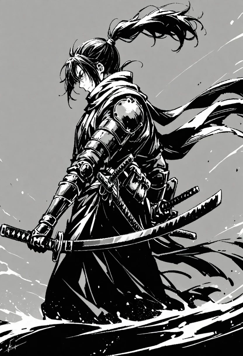 arms, 1 boy, sword, Solitary, Samurai sword, scarf, Keep, Ninja, Keep arms, Ponytail, Prosthesis, Keep sword, pouch, Japanese clothes, armor