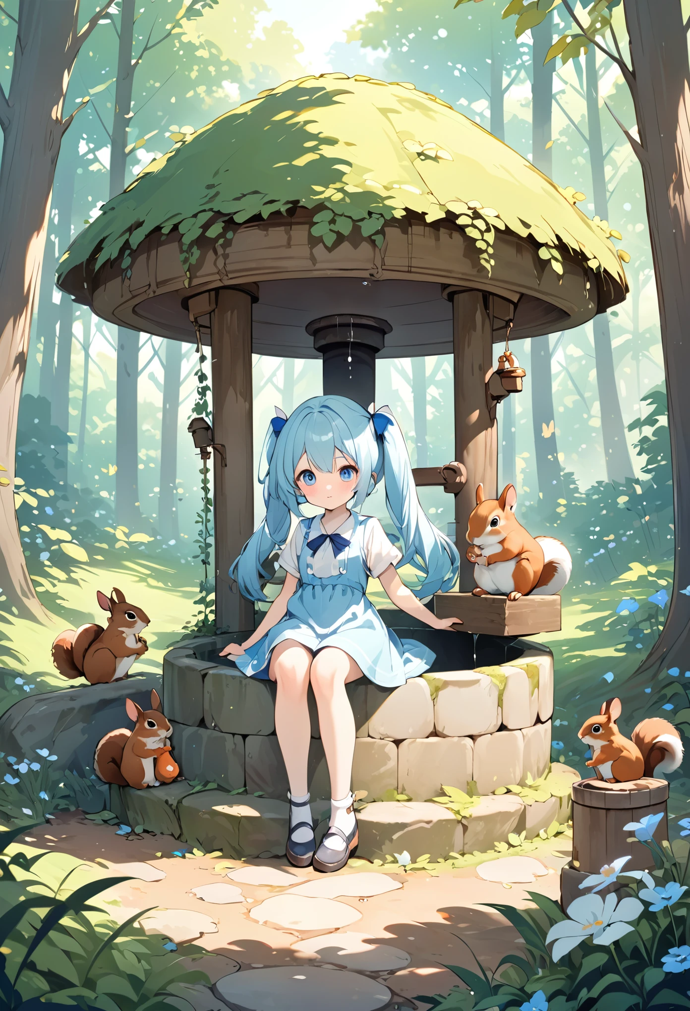 An old well in the forest, a beautiful girl with long light blue hair and twin tails, and rabbits and squirrels around the well.