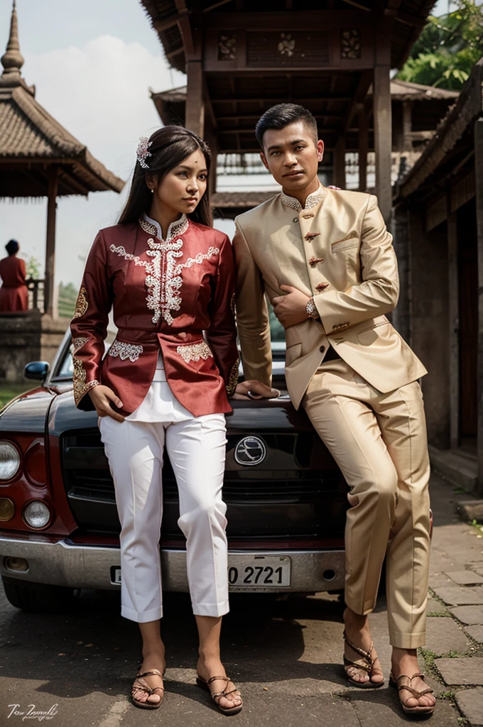 Pre-wedding photo of a 25 year old man wearing Indonesian customs, a woman wearing traditional Indonesian pre-wedding clothes 