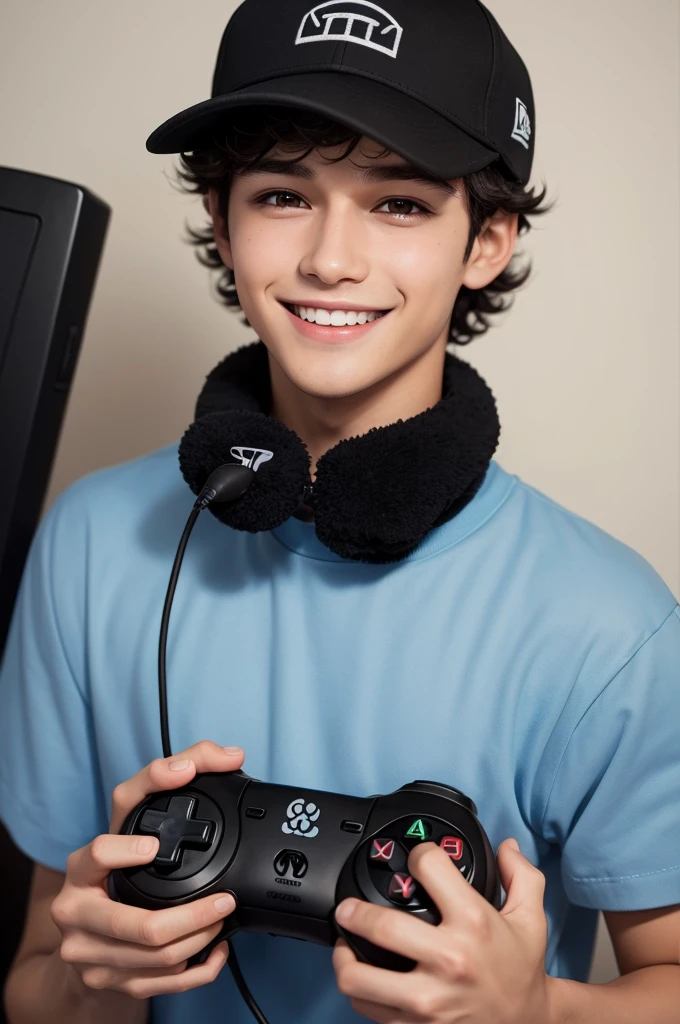 brunette boy with very curly black and short hair, eyes black, wearing a koala cap, smiling and holding a game controller cartoon style image