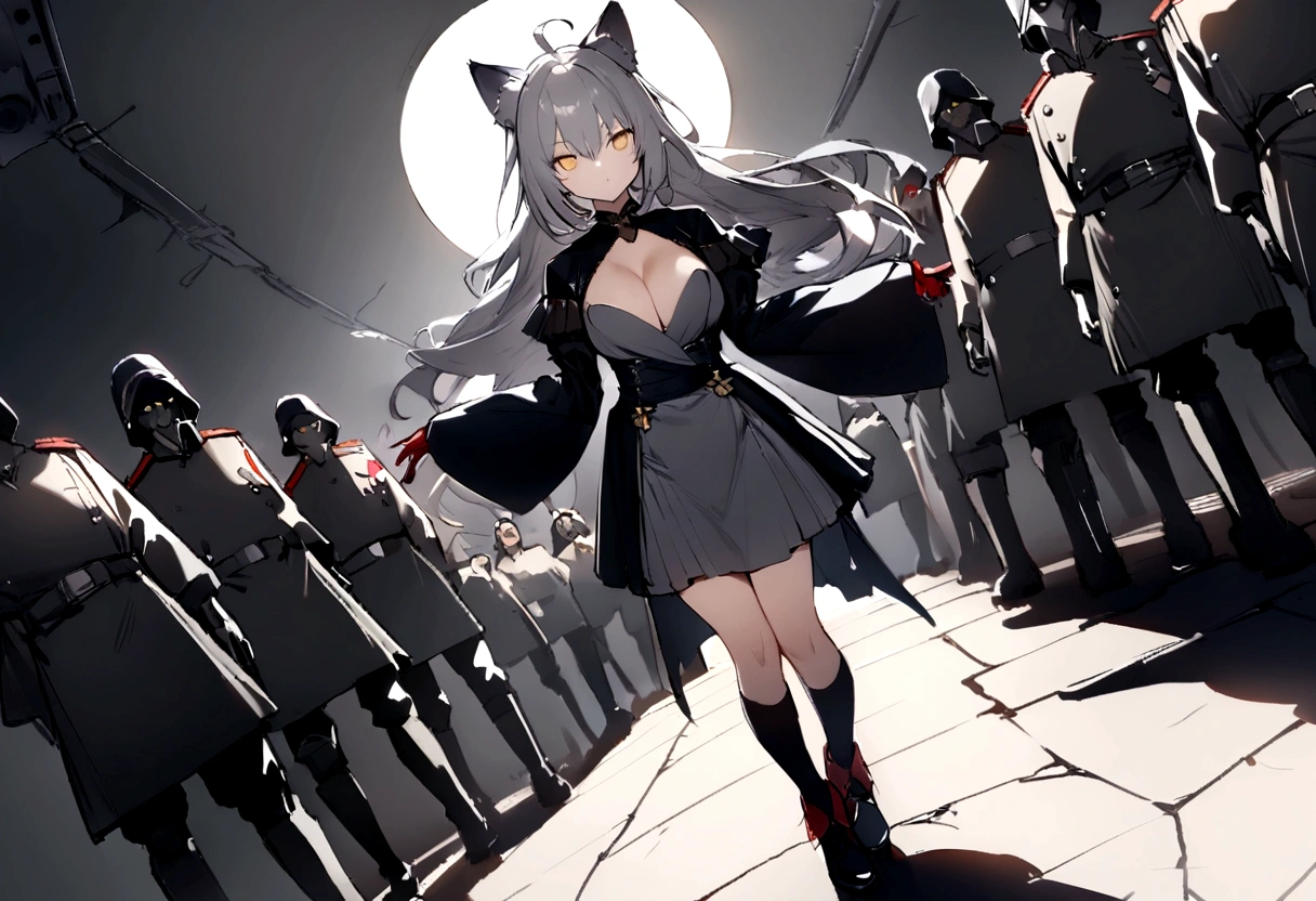 Dynamic Angles、Raising the German flag、Suspicious Gathering、Surrounded by enemies、(masterpiece, best quality:1.2), 1girl, 独奏、Gray cat ears、Grey long hair、Ahoge、Yellow Eyes、Gray cat ears、Background of military bases、Fisheye Lens、battlefield、Shadows of light and darkness、Expressionless、Grim face、battle、Black High Knee Socks、Cleavage、