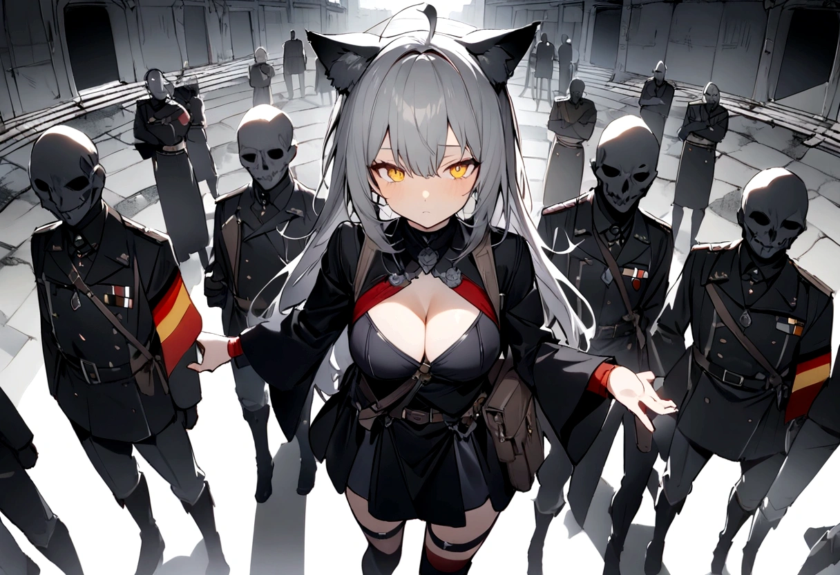 Dynamic Angles、Raising the German flag、Suspicious Gathering、Surrounded by enemies、(masterpiece, best quality:1.2), 1girl, 独奏、Gray cat ears、Grey long hair、Ahoge、Yellow Eyes、Gray cat ears、Background of military bases、Fisheye Lens、battlefield、Shadows of light and darkness、Expressionless、Grim face、battle、Black High Knee Socks、Cleavage、