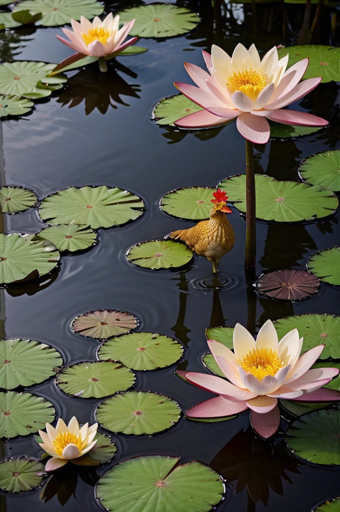 Golden hen standing among water lilies with sacred pink lotuses 