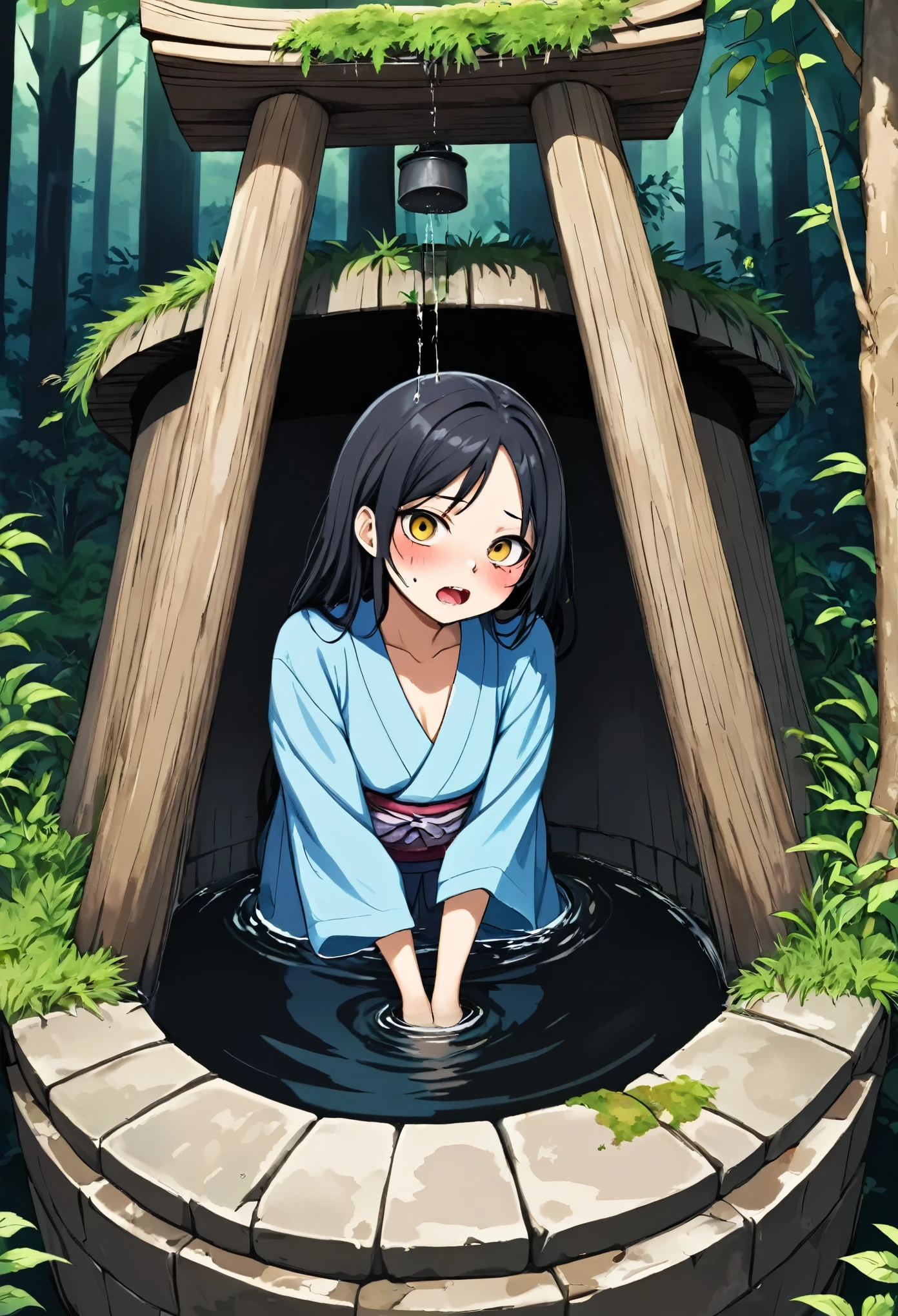 A girl with a scary face wearing Japanese clothes is sticking her head out of a deep well. Well in the forest、old well、Long black hair