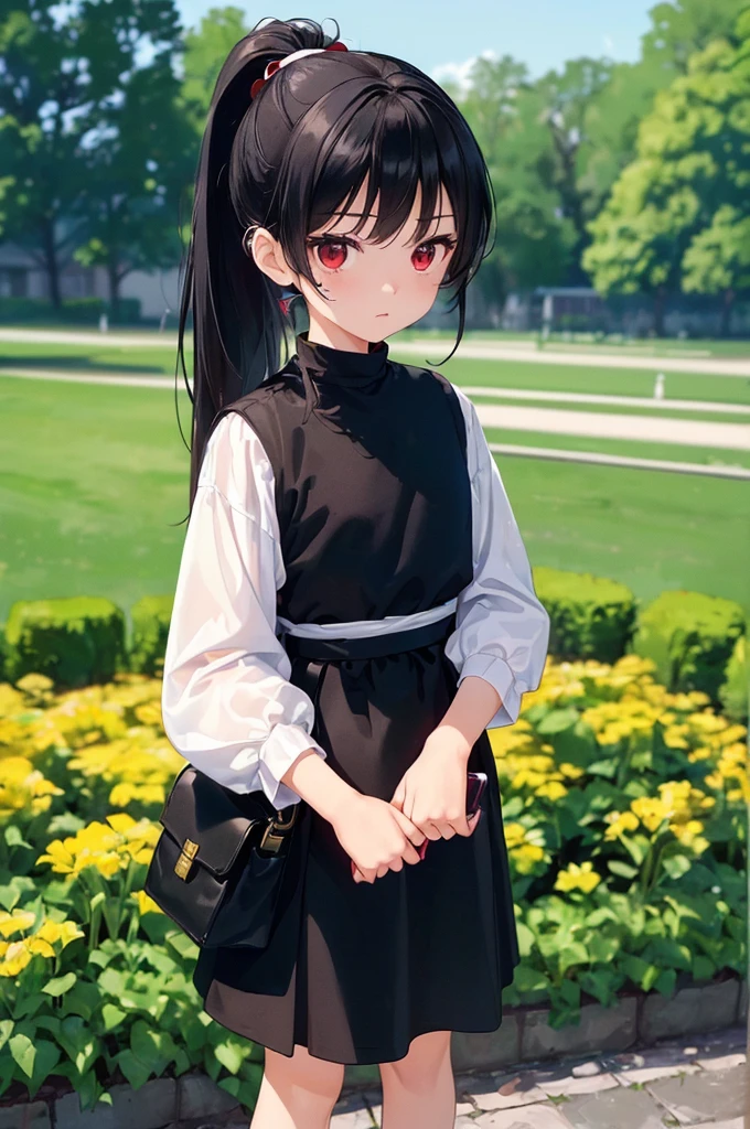 (masterpiece; best quality: 1.2), (finely detailed eyes: 1.3), ((10 year old female kid)), ((solo)), (red eyes: 1.4), (body; short, slender: 1.3), (long black hair in ponytail: 1.3), (beautiful and clear background: 1.2), ((depth of field)), (clothes: white wide-sleeve shirt + long black skirt + pouches and satchel: 1.3), (anime illustration: 1.2), (background; garden exterior: 1.1), (extremely fine and handsome: 1.1), (shot composition; standing + centered on torso + close-up: 1.5), (expression; calm, stoic: 1.2)