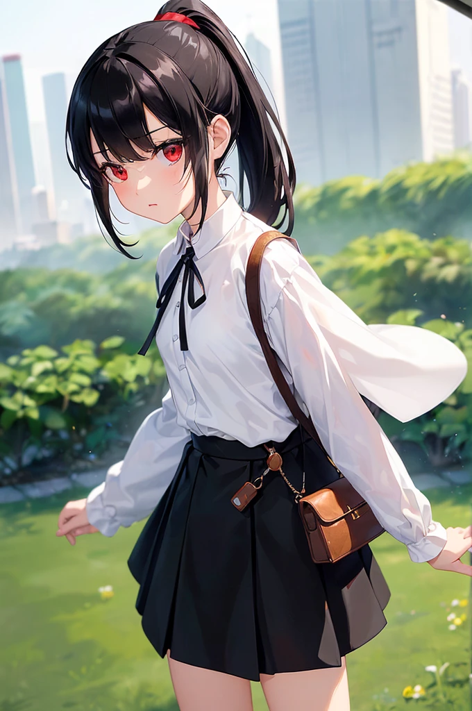 (masterpiece; best quality: 1.2), (finely detailed eyes: 1.3), ((10 year old female ???)), ((solo)), (red eyes: 1.4), (body; short, slender: 1.3), (long black hair in ponytail: 1.3), (beautiful and clear background: 1.2), ((depth of field)), (clothes: white wide-sleeve shirt + long black skirt + pouches and satchel: 1.3), (anime illustration: 1.2), (background; garden exterior: 1.1), (extremely fine and handsome: 1.1), (shot composition; standing + centered on torso + close-up: 1.5), (expression; calm, stoic: 1.2)