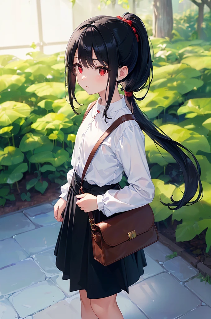 (masterpiece; best quality: 1.2), (finely detailed eyes: 1.3), ((10 year old female ???)), ((solo)), (red eyes: 1.4), (body; short, slender: 1.3), (long black hair in ponytail: 1.3), (beautiful and clear background: 1.2), ((depth of field)), (clothes: white wide-sleeve shirt + long black skirt + pouches and satchel: 1.3), (anime illustration: 1.2), (background; garden exterior: 1.1), (extremely fine and handsome: 1.1), (shot composition; standing + centered on torso + close-up: 1.5), (expression; calm, stoic: 1.2)