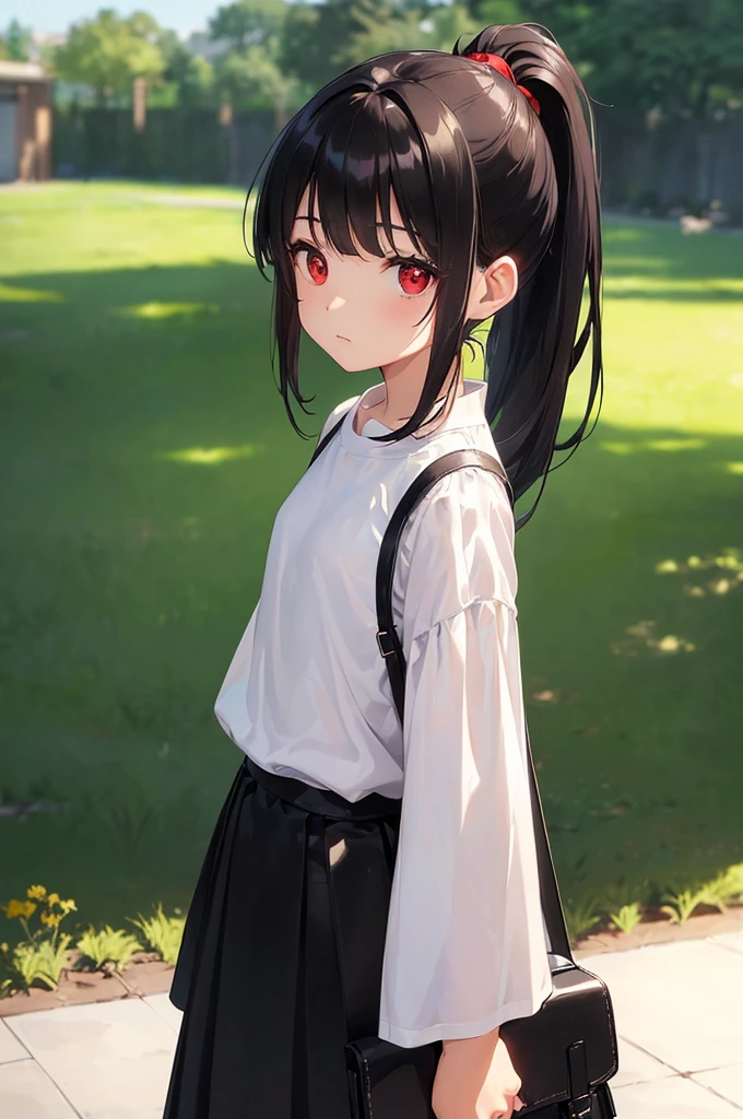 (masterpiece; best quality: 1.2), (finely detailed eyes: 1.3), ((10 year old female ???)), ((solo)), (red eyes: 1.4), (body; short, slender: 1.3), (long black hair in ponytail: 1.3), (beautiful and clear background: 1.2), ((depth of field)), (clothes: white wide-sleeve shirt + long black skirt + pouches and satchel: 1.3), (anime illustration: 1.2), (background; garden exterior: 1.1), (extremely fine and handsome: 1.1), (shot composition; standing + centered on torso + close-up: 1.5), (expression; calm, stoic: 1.2)
