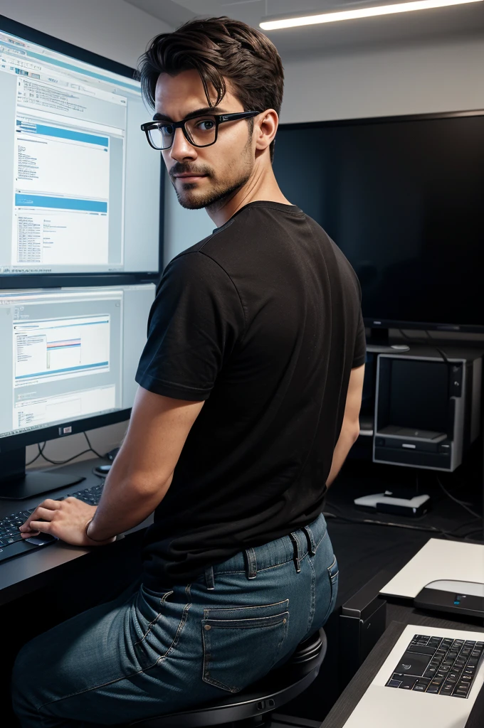 A photorealistic image of a data scientist's workspace, shot from a behind-the-shoulder perspective. The room boasts a modern, tech-savvy atmosphere with multiple high-end computers and monitors arranged on sleek desks. The focus is on the hands of a young man, his face obscured by a monitor as he diligently types on a keyboard. A hint of short stubble and a faint mustache frames his jawline. He's dressed casually in a t-shirt and pants. The glowing screens around him display complex code and data visualizations, reflecting on his glasses and adding to the high-tech ambiance.