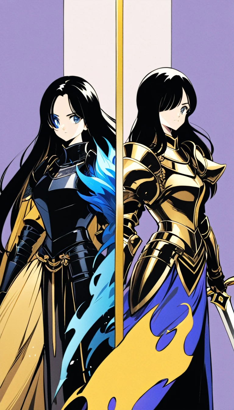 Create the Image of two girls in black medieval style armor with golden borders, without helmet, one with short black hair and a patch over her left eye, another with long hair, one with a sword with yellow flame, one with blue flame shield and sword, one side by side. Purple background with golden tones 